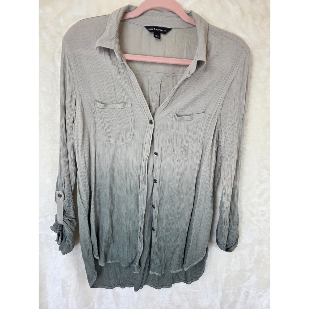 Rock & Republic Ombre Dip Dye Button Down Shirt Womens Small Green Tan Gauze
